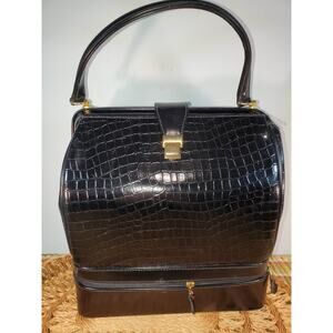 Vintage Structured Faux Crocodile Train Case Makeup Vanity bag Black Travel Case